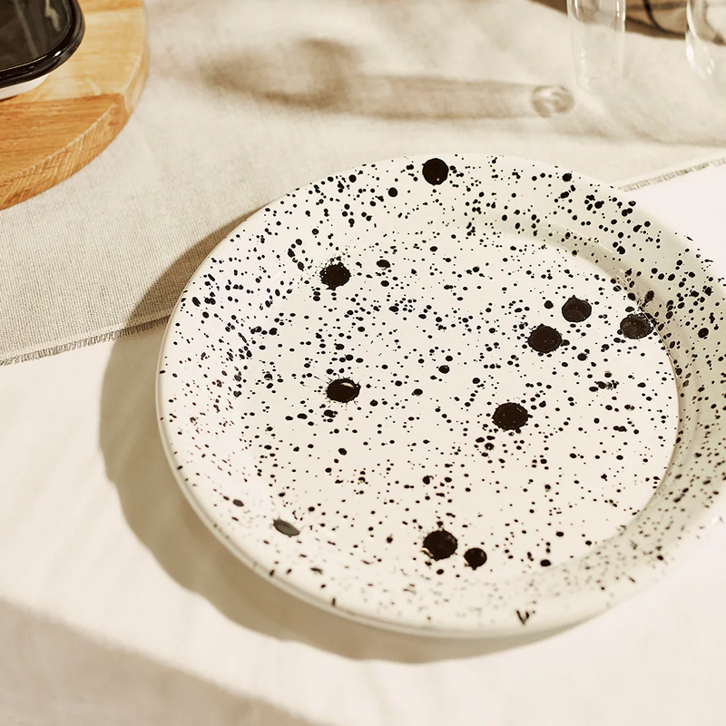 Mediterranean Large Flat Plate 25cm Black Splatter on White - Slowood