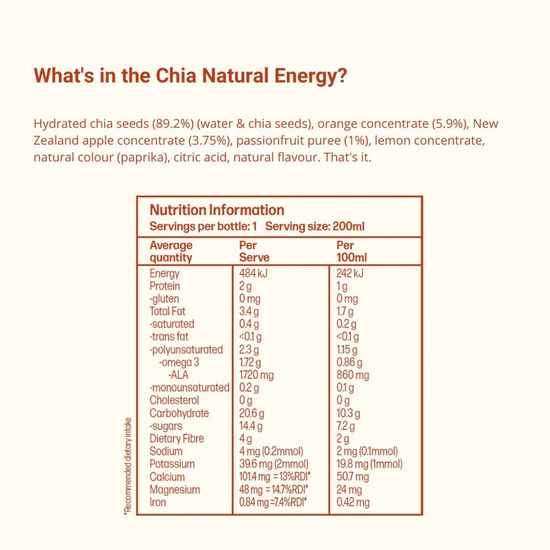 Chia Natural Energy - Orange and Passionfruit 200ml - Slowood