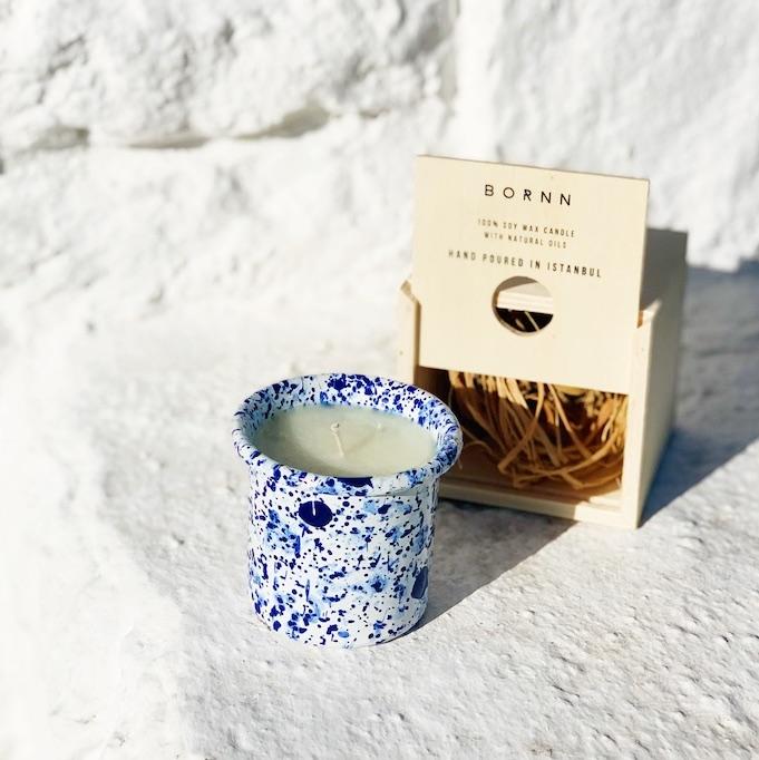 Orange Blossom Candle in Blue on White Splatter Enamelware Container